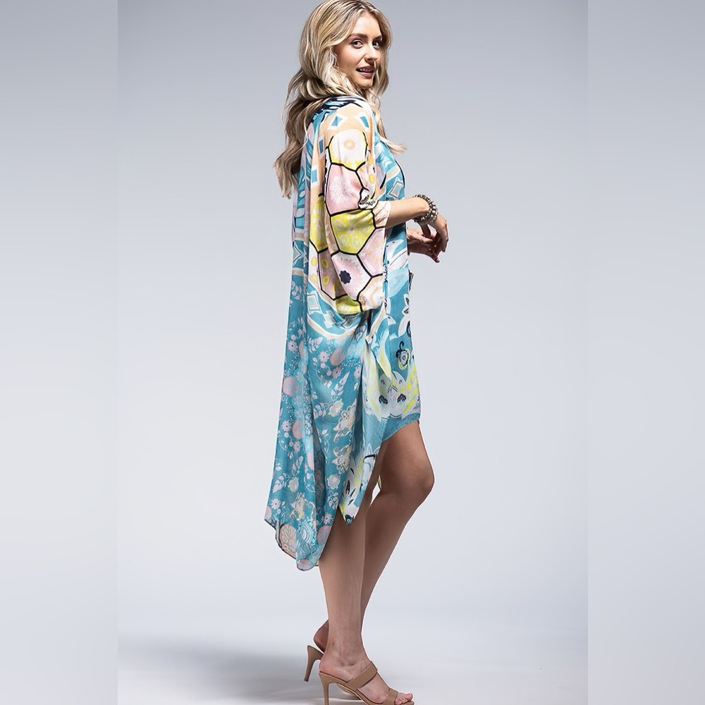 41. 🛑 LAST 2! COST Bohemian floral kimono cardigan Multicolor pink blue colorful - Picture 5 of 5